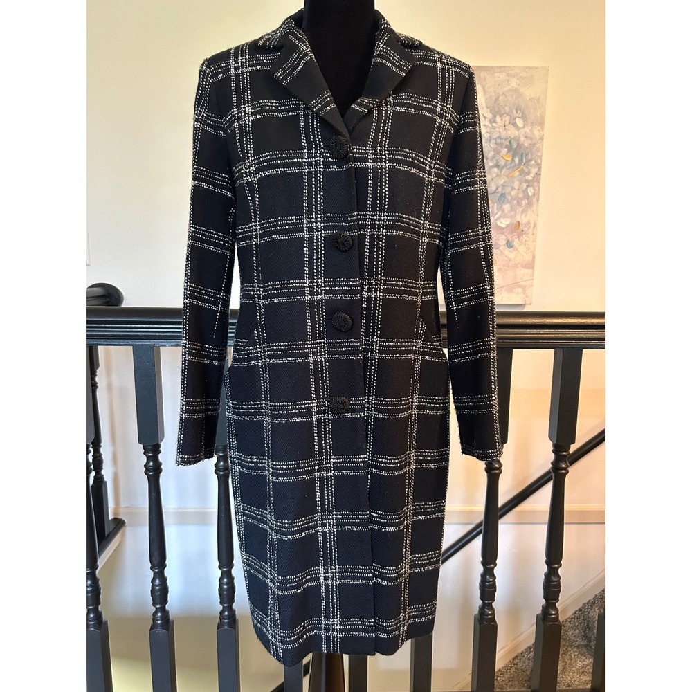 Think Tank Womens Black White Grid Plaid Coat Pink Lining Woven Buttons Size M